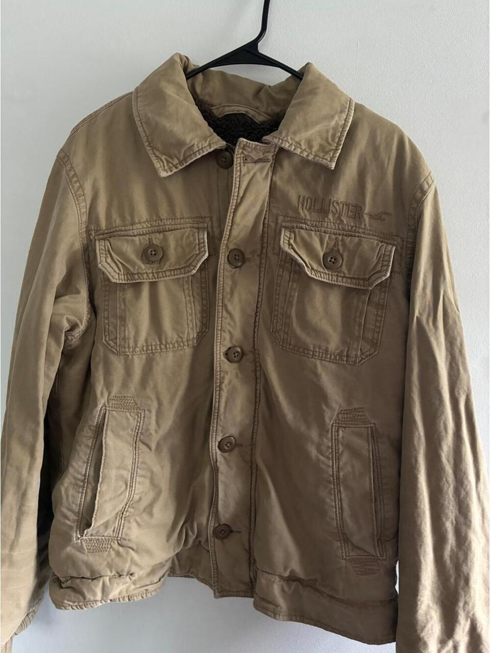 Hollister Co. Men's Tan Cotton Button-Front Coat with Brown Lining, Size Large